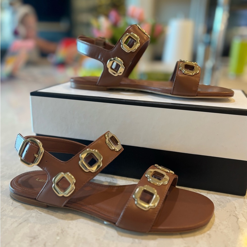 Larroude Milan Flat Sandal in Caramel Leather - Picture 8 of 11